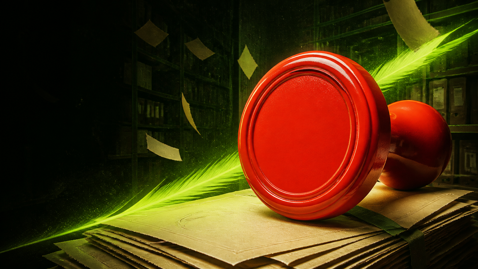a red archival seal resting on evidence papers inside a dark green confirmation room